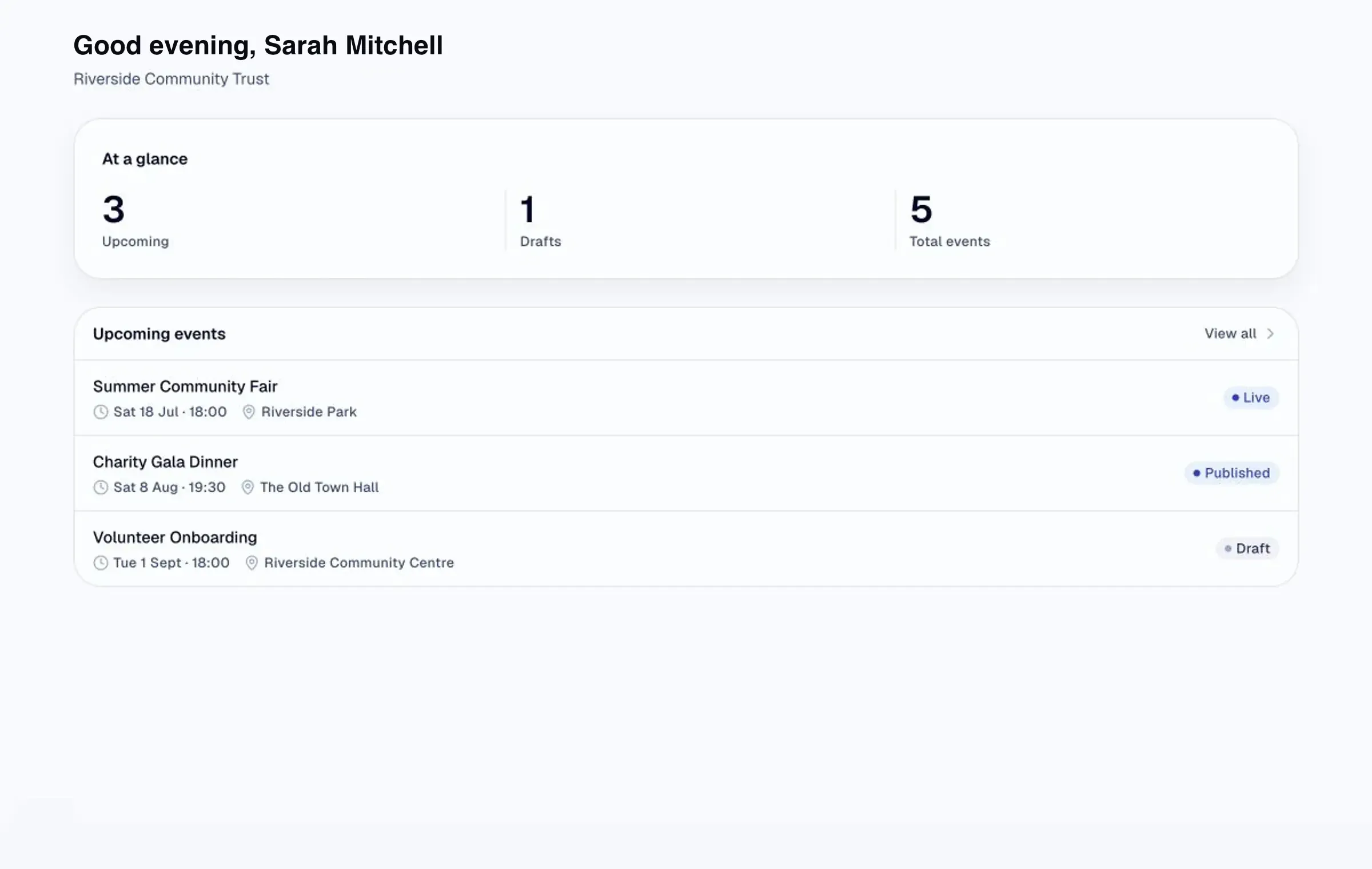 Attendly product screen showing example event data