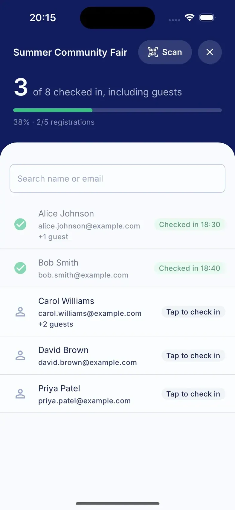 Attendly mobile check-in showing example attendee data