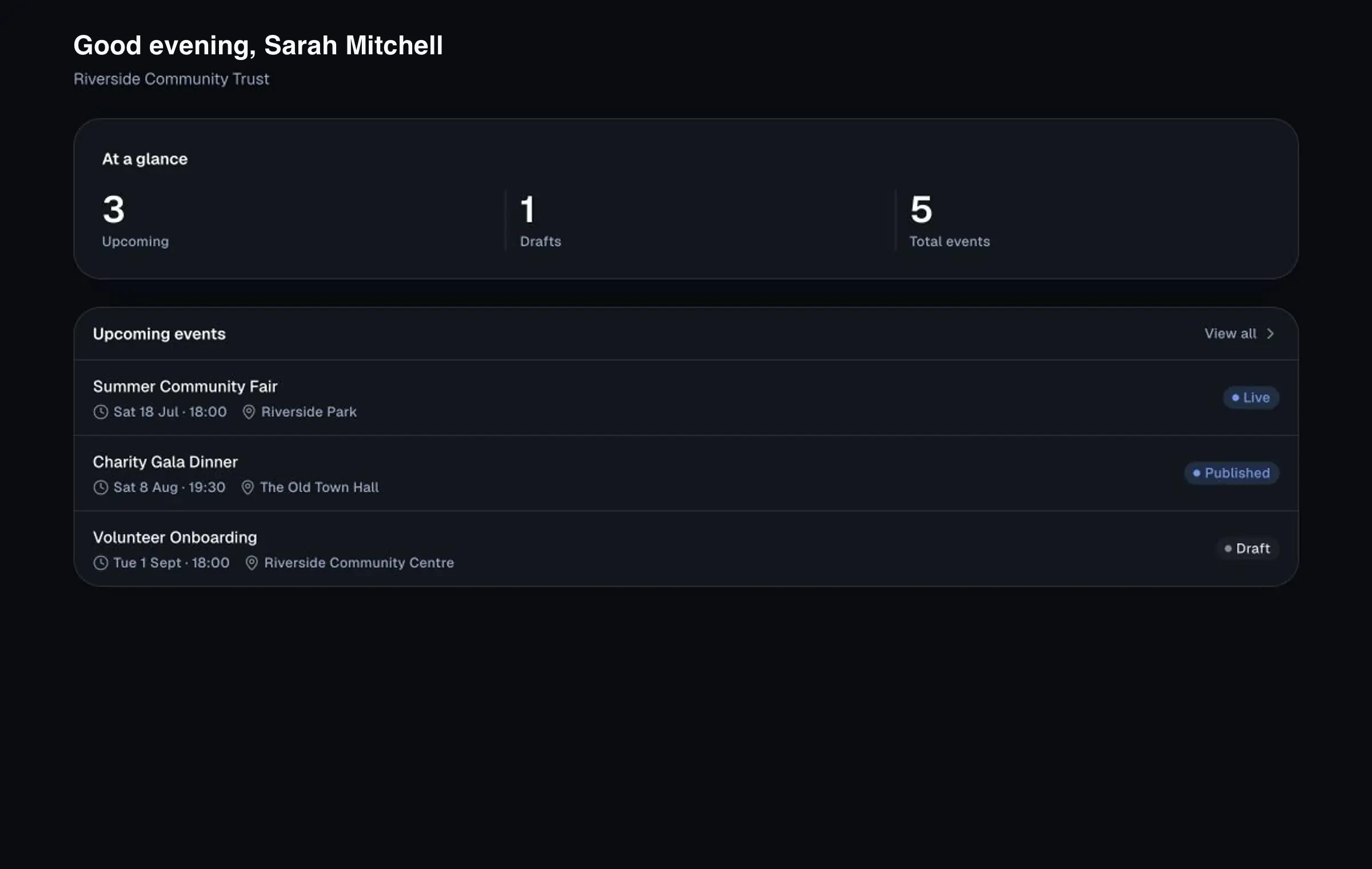 Attendly organiser dashboard showing upcoming, published and draft community events