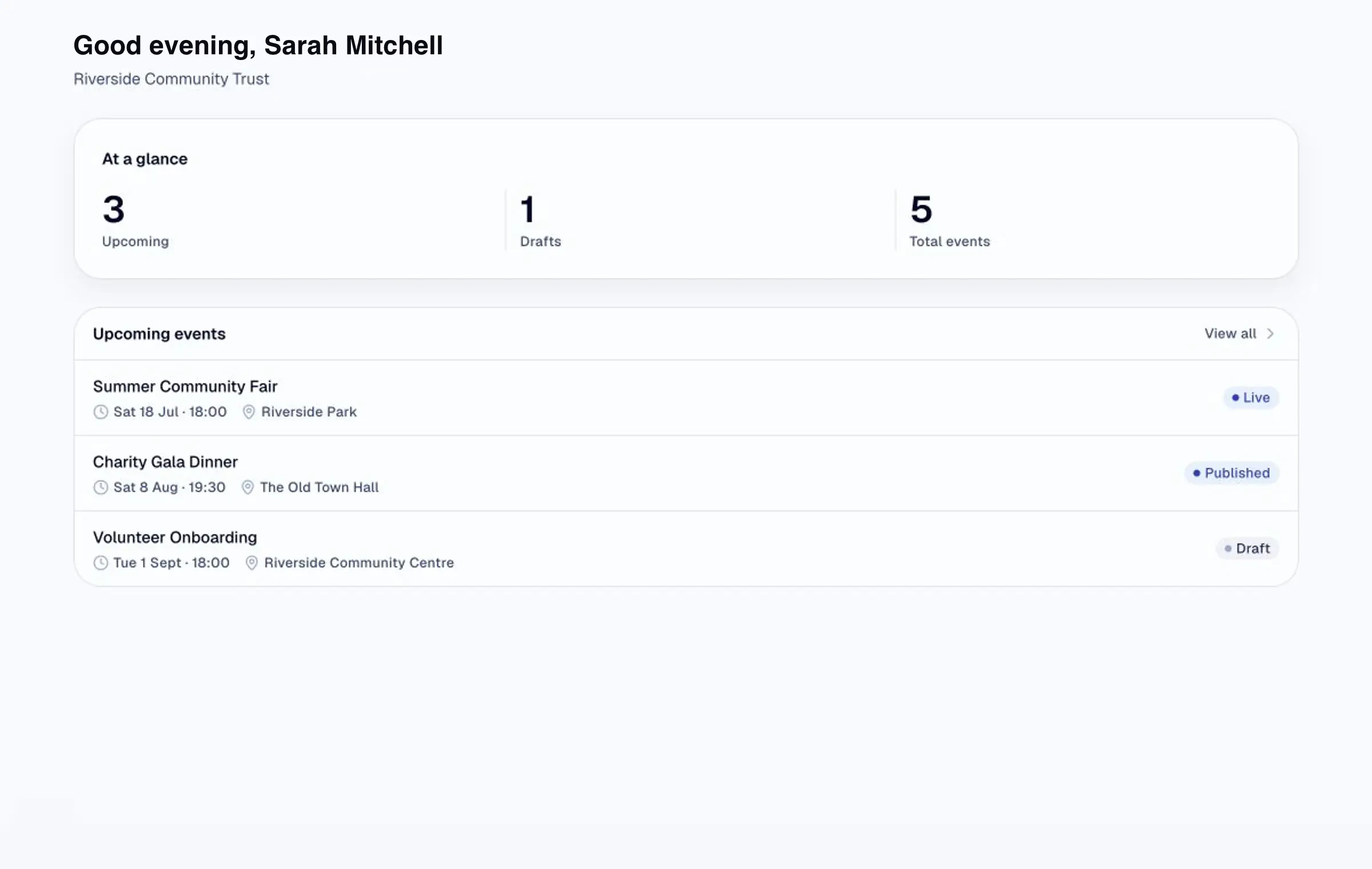 Attendly organiser dashboard showing upcoming, published and draft community events
