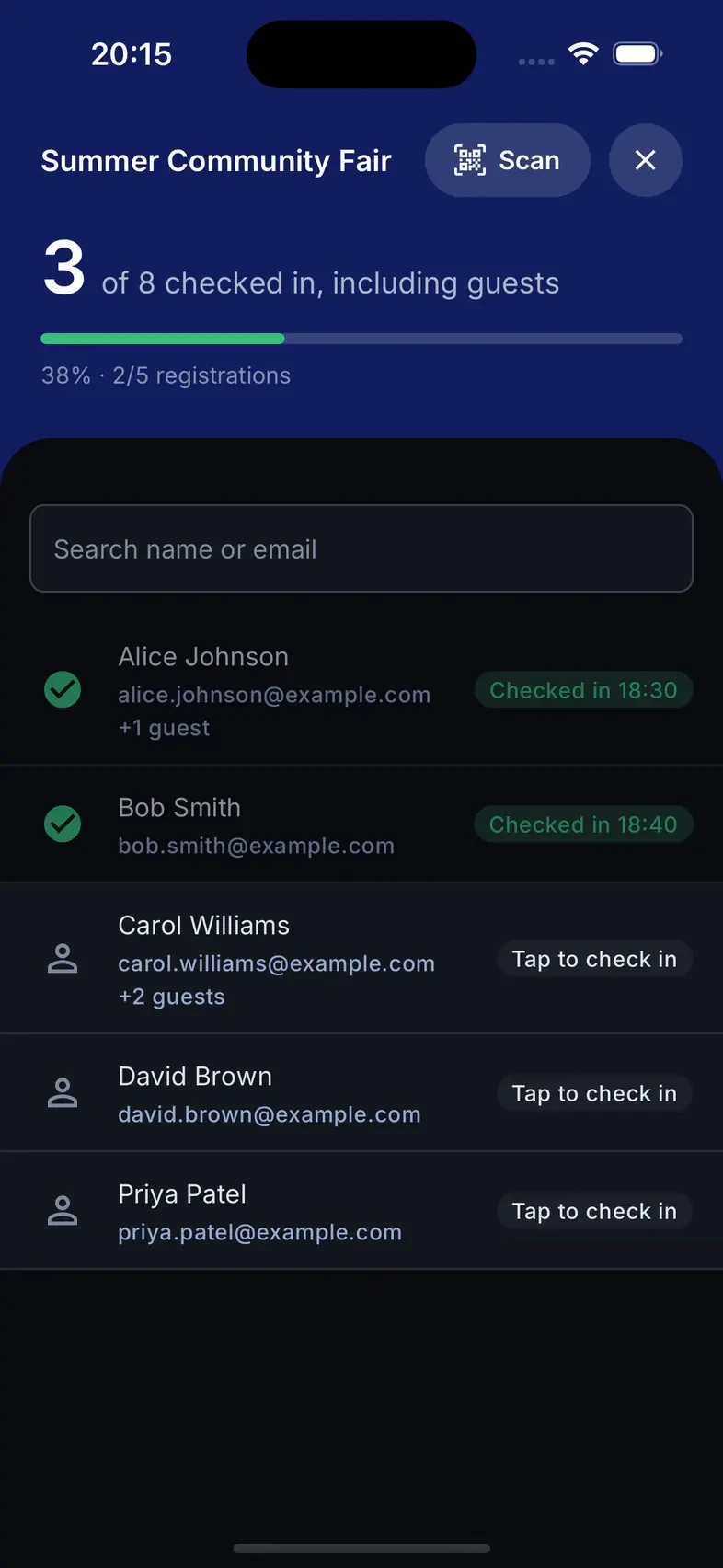 Attendly mobile check-in showing the Summer Community Fair roster and three of eight guests checked in