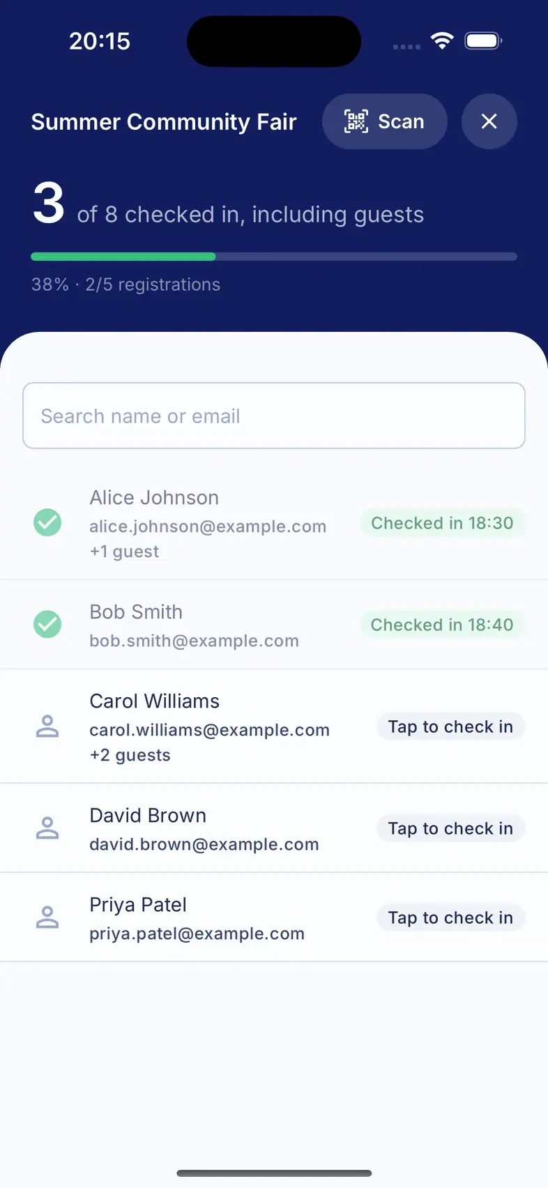 Attendly mobile check-in showing the Summer Community Fair roster and three of eight guests checked in